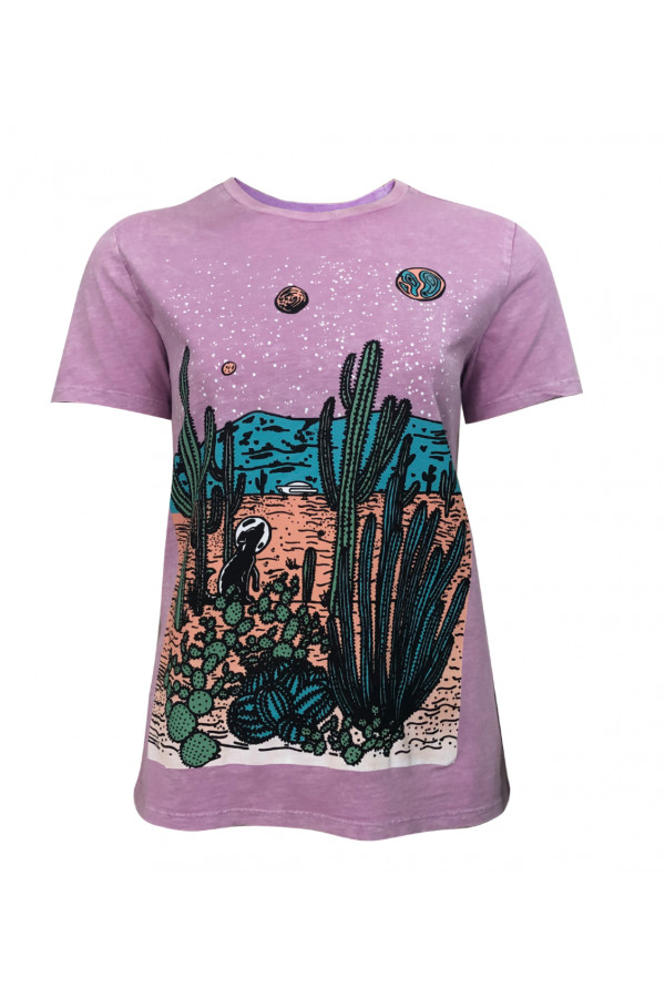 PURPLE T-SHIRT WITH CACTUS PRINTED